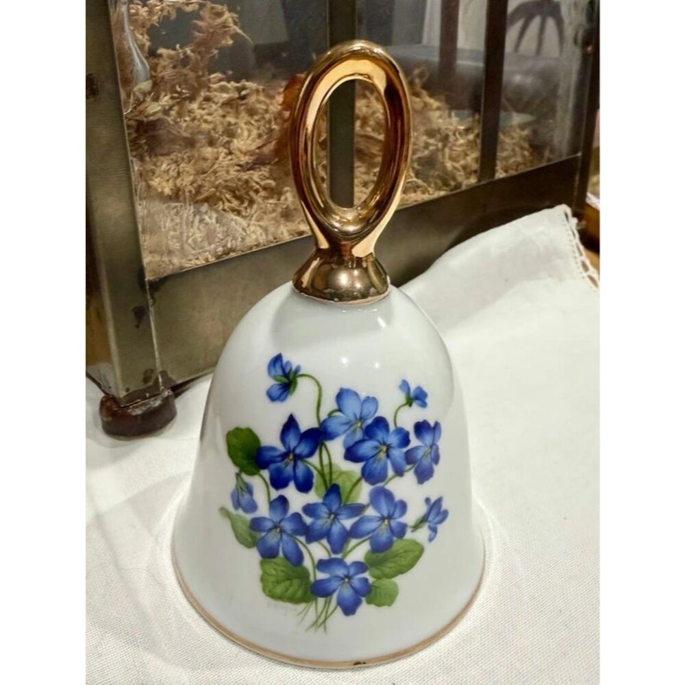 Vintage 1981 Violet Bone China Bell Gold Handle Signed D. Hague